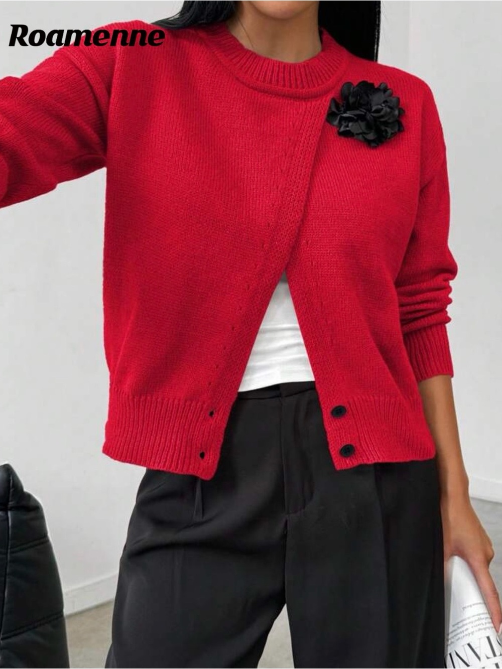 Women's Red Crewneck Button-Accent Sweater